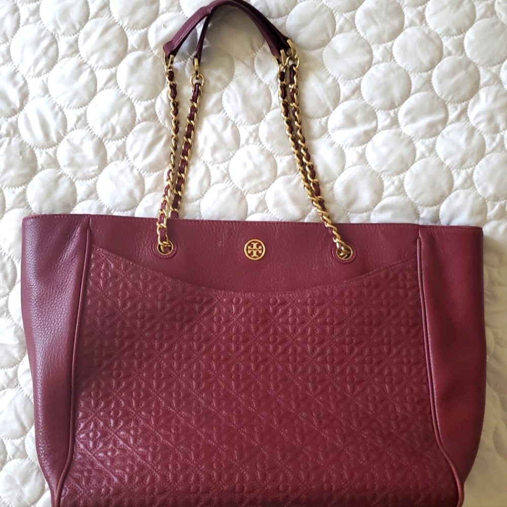 Pre-owned Authentic Tory Burch Bryant Burgundy Leather East/West Tote